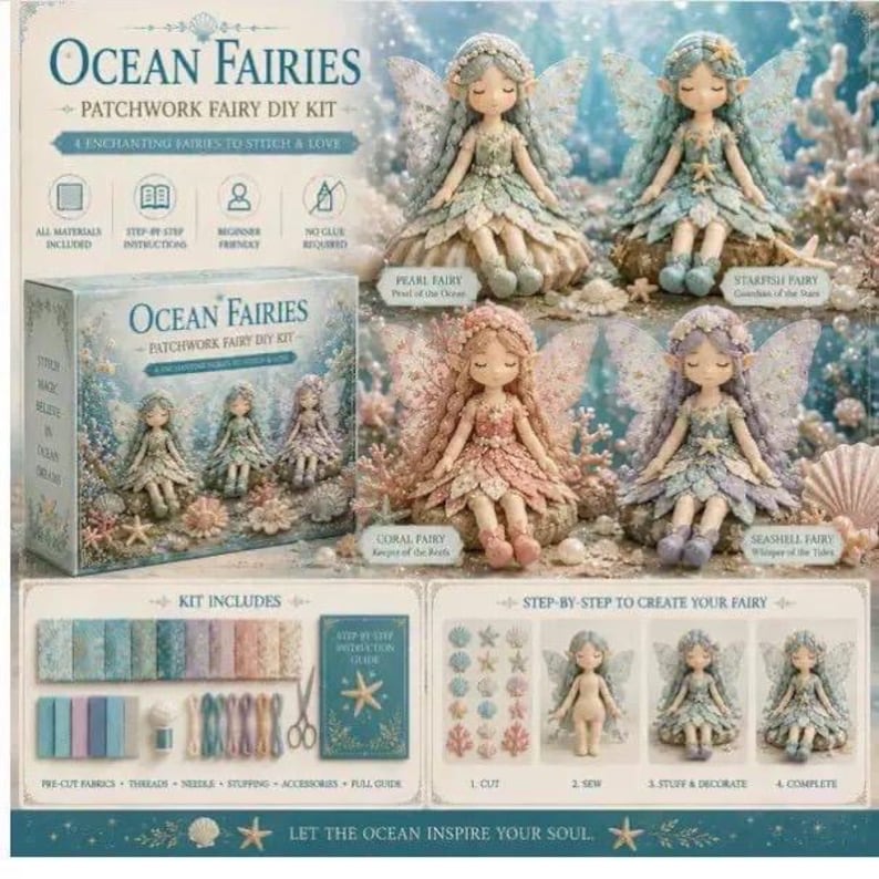 Pu&ograve; includere: Kit fai-da-te per fate in patchwork Ocean Fairies con quattro bambole: Perla, Stella marina, Corallo e Conchiglia. La scatola mostra le bambole finite e i materiali inclusi: tessuti pretagliati, fili, aghi, imbottitura e una guida passo-passo.