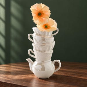 May include: A stack of four white ceramic teacups balanced on top of a white ceramic teapot, creating a vertical tower. Two large, ruffled, light orange poppy flowers are placed inside the top teacup, extending upwards from the ceramic stack.