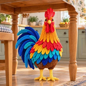 Op de afbeelding: Een handgemaakt gehaakt haanfiguur met een levendig kleurenpalet van felrood, geel, turquoise en diepblauw garen. De vogel heeft een opvallende rode kam, een gele snavel en donkere ogen, met een getextureerd lichaam en staartveren.