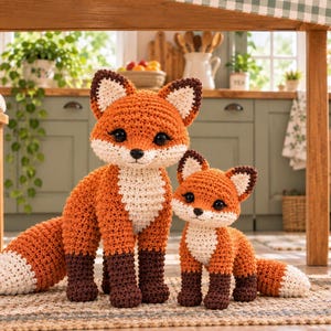 Könnte beinhalten: Zwei gehäkelte Fuchskuscheltiere aus orangefarbenem, weißem und dunkelbraunem Garn. Der größere Fuchs steht mit einem buschigen Schwanz da, während der kleinere daneben steht. Beide haben große schwarze Augen, spitze Ohren und eine weiße Brust.