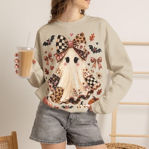 Cute Ghost Halloween Sweatshirt, Coquette Spooky Season Crewneck, Patchwork Bow Sweater, Fall Halloween Gift for Her