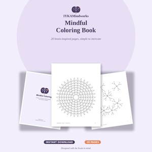 May include: A Mindful Coloring Book by IYKAMindworks featuring 20 brain-inspired pages. The cover displays the title and logo, while two interior pages show black and white line art designs, including a circular geometric pattern and neural structures.