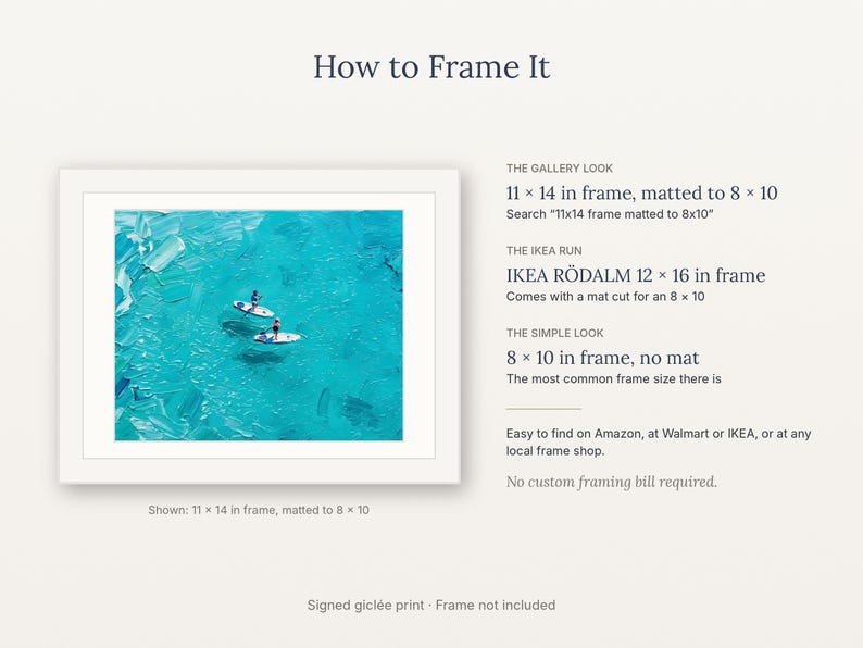 K&ouml;nnte beinhalten: Ein Gicl&eacute;e-Druck mit einer Luftaufnahme von zwei Personen auf Stand-Up-Paddleboards in t&uuml;rkisfarbenem Wasser. Der Text enth&auml;lt 'How to Frame It' und listet Rahmenoptionen wie 11x14, 12x16 und 8x10 Zoll auf.
