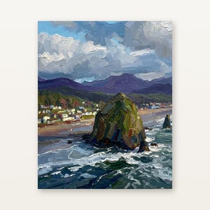 May include: An oil painting of a coastal landscape featuring a large, dark green rock formation rising from the ocean. The scene includes a sandy beach, a small town with houses, distant purple mountains, and a cloudy blue sky above the sea.