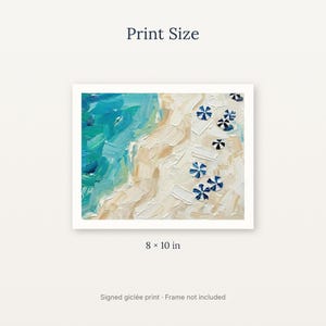 May include: An 8 x 10 inch gicl&eacute;e print featuring an aerial view of a beach with textured brushstrokes. The painting depicts turquoise ocean waves meeting a sandy shore dotted with small blue and white striped beach umbrellas.