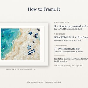 May include: An oil painting print of a beach scene with blue water and sand, featuring small blue and white umbrellas. Text includes 'How to Frame It', 'The Gallery Look', 'The IKEA Run', 'IKEA R&Ouml;DALM 12 x 16 in frame', and 'The Simple Look'.