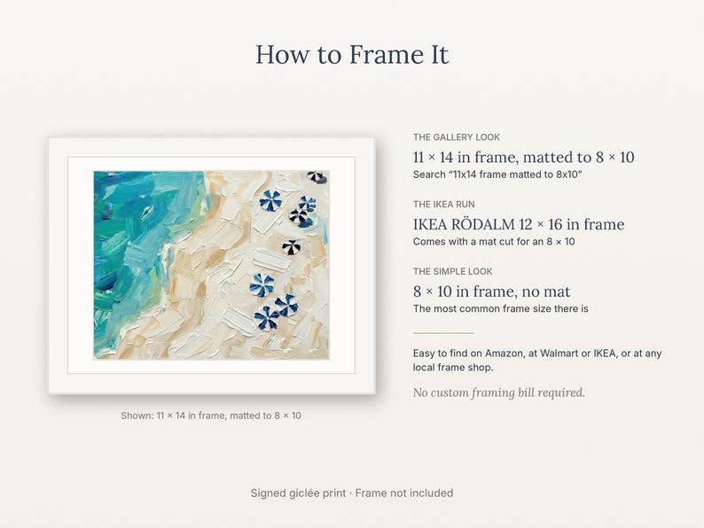 May include: An oil painting print of a beach scene with blue water and sand, featuring small blue and white umbrellas. Text includes 'How to Frame It', 'The Gallery Look', 'The IKEA Run', 'IKEA R&Ouml;DALM 12 x 16 in frame', and 'The Simple Look'.