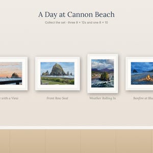 May include: A set of four framed art prints titled A Day at Cannon Beach, including three 8 x 12 inch and one 8 x 10 inch prints. The scenes depict coastal landscapes with Haystack Rock, a coffee cup, and a beach bonfire at twilight.