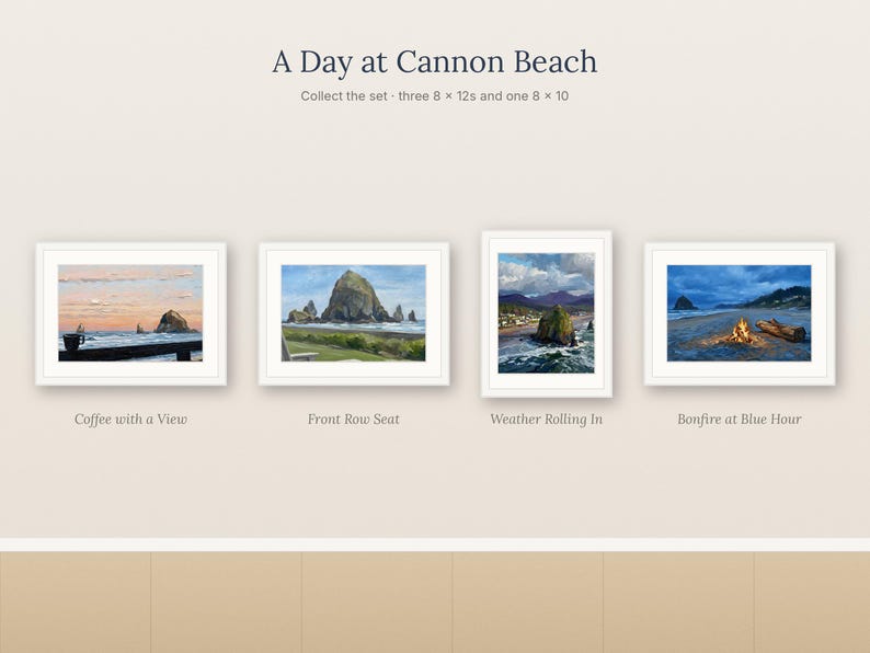 May include: A set of four framed art prints titled A Day at Cannon Beach, including three 8 x 12 inch and one 8 x 10 inch prints. The scenes depict coastal landscapes with Haystack Rock, a coffee cup, and a beach bonfire at twilight.