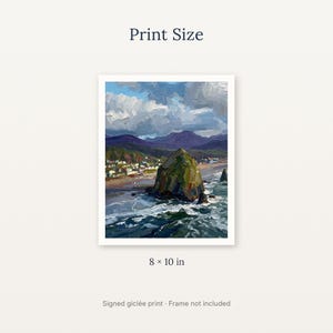 May include: An 8 x 10 inch signed gicl&eacute;e print featuring an oil painting of a coastal landscape with a large rock formation in the ocean, a sandy beach, small buildings, distant purple mountains, and a cloudy blue sky.
