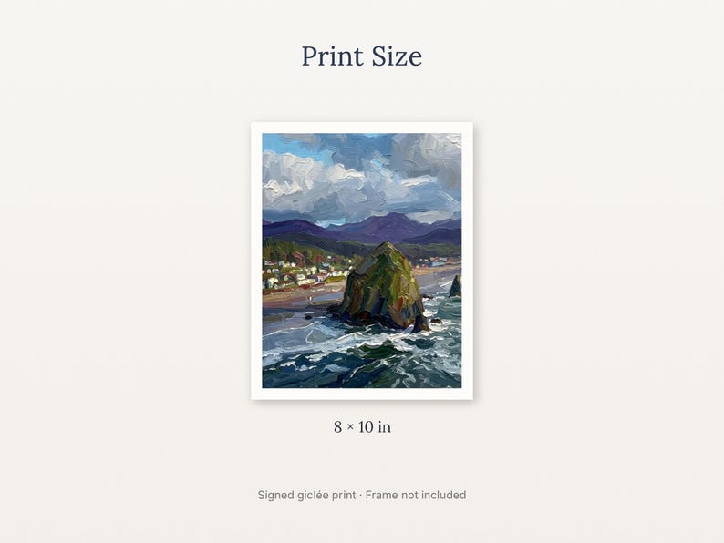 May include: An 8 x 10 inch signed gicl&eacute;e print featuring an oil painting of a coastal landscape with a large rock formation in the ocean, a sandy beach, small buildings, distant purple mountains, and a cloudy blue sky.