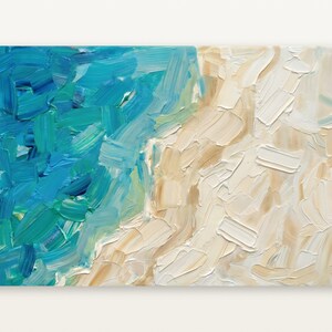 May include: An abstract oil painting on canvas featuring thick, textured brushstrokes. The left side displays vibrant shades of blue, turquoise, and teal, while the right side features creamy beige, tan, and white tones in a layered impasto style.