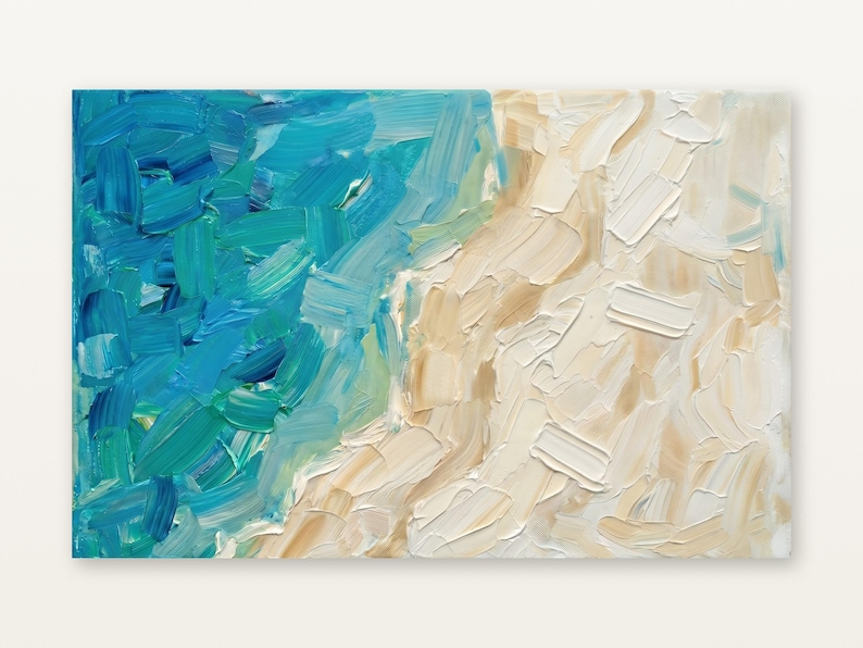 May include: An abstract oil painting on canvas featuring thick, textured brushstrokes. The left side displays vibrant shades of blue, turquoise, and teal, while the right side features creamy beige, tan, and white tones in a layered impasto style.