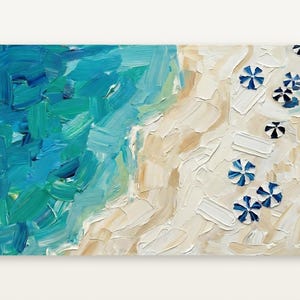 May include: An oil painting featuring an aerial view of a beach with thick, textured brushstrokes. The composition shows vibrant turquoise and blue ocean waves meeting a sandy beige shore dotted with small, blue and white striped umbrellas.