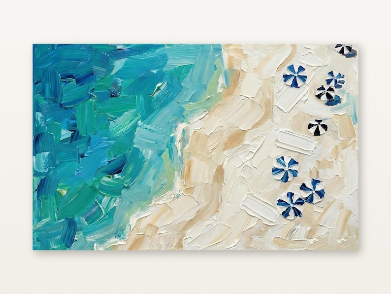 May include: An oil painting featuring an aerial view of a beach with thick, textured brushstrokes. The composition shows vibrant turquoise and blue ocean waves meeting a sandy beige shore dotted with small, blue and white striped umbrellas.