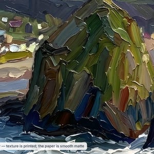 May include: An oil painting print on smooth matte paper featuring a large, textured rock formation in shades of dark green, brown, and blue. The scene includes a coastal shoreline with visible brushstrokes and the text Detail view &mdash; texture is printed; the paper is smooth matte.