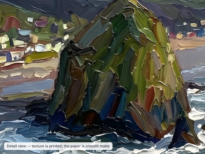 May include: An oil painting print on smooth matte paper featuring a large, textured rock formation in shades of dark green, brown, and blue. The scene includes a coastal shoreline with visible brushstrokes and the text Detail view &mdash; texture is printed; the paper is smooth matte.