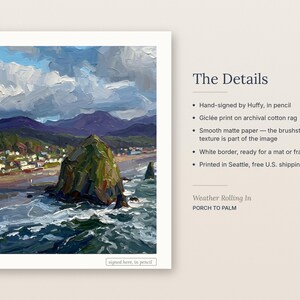 May include: An art print titled Weather Rolling In by Porch to Palm featuring an oil painting of a coastal landscape with a large rock formation, ocean waves, and mountains under a cloudy sky. The print includes a white border and text details.