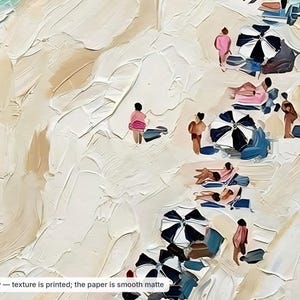 May include: An oil painting print featuring an aerial view of a sandy beach with people, black and white striped umbrellas, and blue lounge chairs. The text at the bottom reads: Detail view &mdash; texture is printed; the paper is smooth matte.
