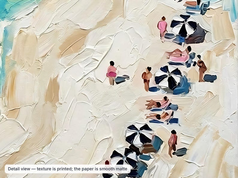 May include: An oil painting print featuring an aerial view of a sandy beach with people, black and white striped umbrellas, and blue lounge chairs. The text at the bottom reads: Detail view &mdash; texture is printed; the paper is smooth matte.