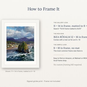 May include: A framed landscape painting print of a coastal scene with a large rock formation, ocean waves, and mountains under a cloudy sky. Text includes 'How to Frame It', 'The Gallery Look 11 x 14 in frame, matted to 8 x 10', and 'IKEA R&Ouml;DALM 12 x 16 in frame'.