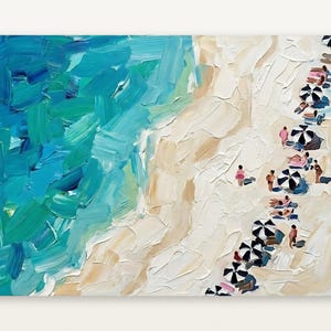 May include: An oil painting featuring an aerial view of a beach with thick, textured brushstrokes. The left side shows vibrant turquoise and blue ocean waves, while the right side depicts a sandy shore with black and white striped umbrellas.