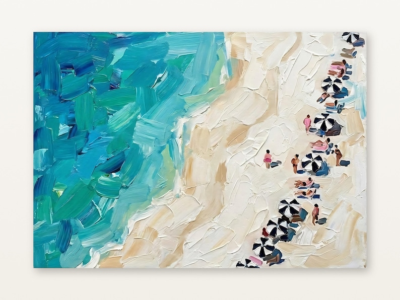 May include: An oil painting featuring an aerial view of a beach with thick, textured brushstrokes. The left side shows vibrant turquoise and blue ocean waves, while the right side depicts a sandy shore with black and white striped umbrellas.