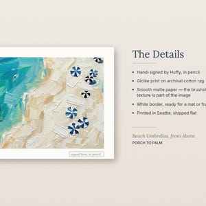 May include: A gicl&eacute;e art print titled Beach Umbrellas, from Above by Porch to Palm. The image features an aerial view of a sandy beach with blue and white striped umbrellas and turquoise ocean waves, rendered in thick brushstrokes.