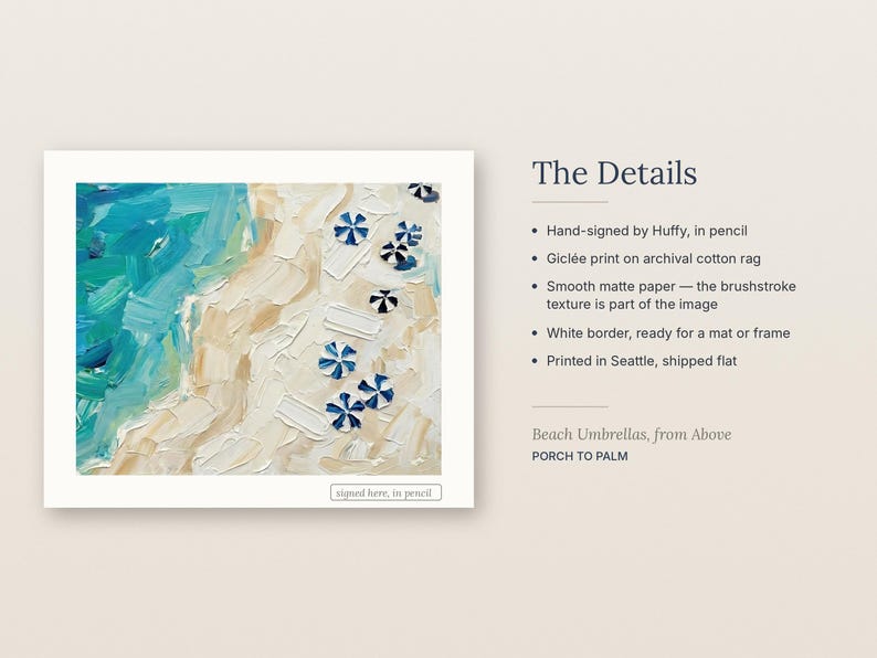 May include: A gicl&eacute;e art print titled Beach Umbrellas, from Above by Porch to Palm. The image features an aerial view of a sandy beach with blue and white striped umbrellas and turquoise ocean waves, rendered in thick brushstrokes.