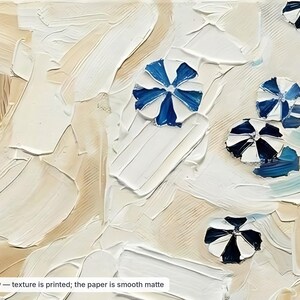 May include: An abstract painting on smooth matte paper featuring thick, textured brushstrokes in shades of beige, white, and light blue. Several small, circular blue and white striped beach umbrellas are scattered across the composition.