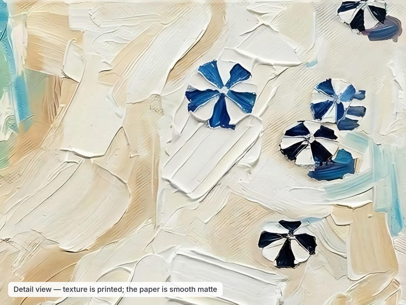 May include: An abstract painting on smooth matte paper featuring thick, textured brushstrokes in shades of beige, white, and light blue. Several small, circular blue and white striped beach umbrellas are scattered across the composition.