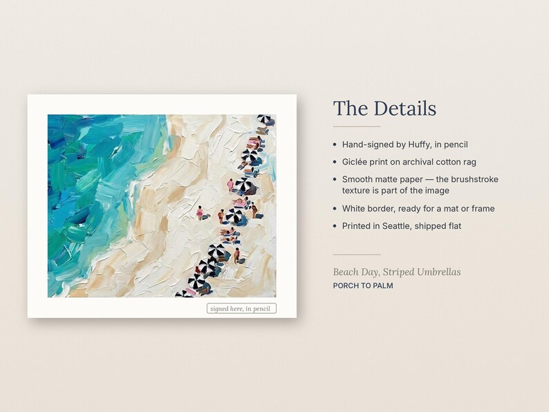 May include: A gicl&eacute;e art print titled Beach Day, Striped Umbrellas by Porch to Palm. The image features an aerial view of a sandy beach with turquoise water and people under black and white striped umbrellas. Text includes The Details.