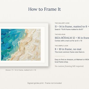 May include: An abstract painting of a beach with blue ocean waves and beige sand, presented in a white frame. The text reads: How to Frame It, The Gallery Look 11 x 14 in frame, matted to 8 x 10, The IKEA Run IKEA R&Ouml;DALM 12 x 16 in frame, The Simple Look 8 x 10 in frame, no mat, Signed gicl&eacute;e print - Frame not included.