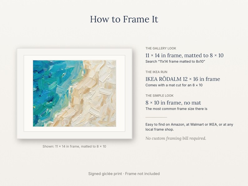 May include: An abstract painting of a beach with blue ocean waves and beige sand, presented in a white frame. The text reads: How to Frame It, The Gallery Look 11 x 14 in frame, matted to 8 x 10, The IKEA Run IKEA R&Ouml;DALM 12 x 16 in frame, The Simple Look 8 x 10 in frame, no mat, Signed gicl&eacute;e print - Frame not included.