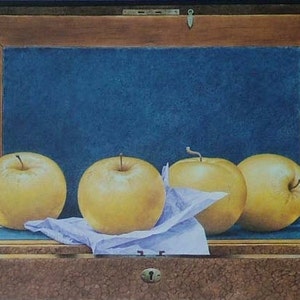 Greg Mort Caja antigua Appleworks 5 X 7 tarjetas de bellas artes imprimibles por computadora 14.00 UNA DOCENA.