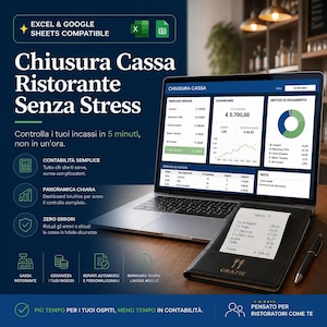 Può includere: Un computer portatile che mostra una dashboard di chiusura cassa per ristorante con grafici finanziari, accanto a un portaconto in pelle nera contenente uno scontrino da 105,00 euro e una penna nera su uno sfondo blu scuro con testo.