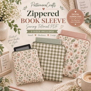 Op de afbeelding: Een digitale download naaipatroon PDF voor een boekenhoes met rits in drie maten. De afbeelding toont drie stoffen hoezen: één met een kleine bloemenprint, één met een groen-witte gingham ruit en één met een groter bloemenpatroon.