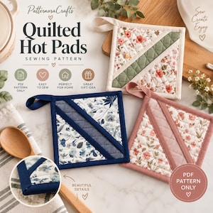 May include: A sewing pattern for quilted hot pads titled PatternoraCrafts Quilted Hot Pads. The image displays three square hot pads featuring diagonal fabric strips, including one with floral patterns in green, blue, and pink colorways.