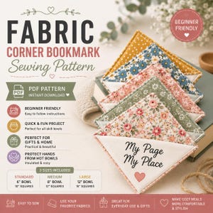 Puede incluir: Un patrón de costura para marcapáginas de esquina de tela y fundas para cuencos. La imagen muestra varios marcapáginas triangulares de tela con estampados florales y una esquina blanca con el texto My Page My Place y un corazón rojo.