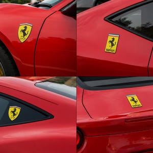 Può includere: Una raccolta di quattro viste ravvicinate di un'auto sportiva rosso brillante che presenta l'emblema dello scudo giallo Ferrari con un cavallino rampante nero e i colori della bandiera italiana nella parte superiore dello stemma stesso.