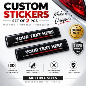 Könnte beinhalten: Ein Set aus zwei rechteckigen schwarzen Aufklebern mit 3D-Harz-Finish. Jeder Aufkleber zeigt den weißen Text YOUR TEXT HERE über einer dünnen roten Linie. Das Bild enthält den Text CUSTOM STICKERS SET OF 2 PCS, Make it Unique, CUSTOM MADE, 5 YEAR WARRANTY, 3D DOMED RESIN FINISH, SELF-ADHESIVE, UV & WEATHER RESISTANT, DURABLE LONG LASTING und MULTIPLE SIZES.