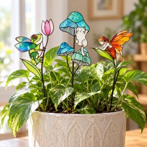 Fairy Garden-stång – Nyckfull dekoration av glas och järn, katt, groda, svamp, för krukväxter