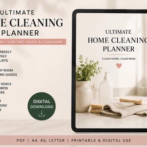 Puede incluir: Un planificador digital de limpieza del hogar mostrado en la pantalla de una tableta. El texto incluye listas de verificación diarias, semanales y mensuales, guías de limpieza por habitación y rastreadores de hábitos. Archivo PDF disponible para descarga instantánea.