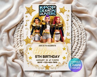 May include: A rectangular birthday invitation template featuring the text K-POP DEMON HUNTERS at the top. Three animated characters in black and gold outfits stand before a gold disco ball. The lower section displays Helena's 5TH BIRTHDAY, January 25 at 7:00PM, and RSVP +123-456-7890, surrounded by gold stars and musical notes.