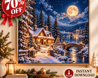 Christmas Wall Art Printable, Winter Wonderland Wall Decor, Cozy Christmas Cottage Print, Snowy Village Art, Holiday Home Decor