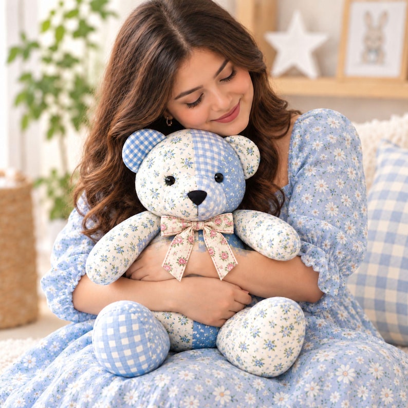 May include: A plush teddy bear constructed from patchwork fabric featuring alternating blue and white floral patterns and blue and white gingham checks. The bear has black button eyes, a black stitched nose, and a beige ribbon bow with a pink floral print.