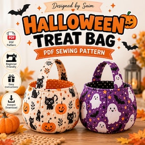 May include: Two fabric treat bags with handles. The left bag is cream with black cats, orange pumpkins, and stars. The right bag is purple with white ghosts, black bats, and stars. Text reads: Designed by Saim HALLOWEEN TREAT BAG PDF SEWING PATTERN.