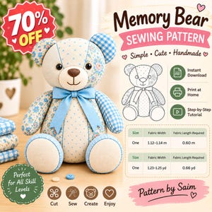 Op de afbeelding: Een knuffelbeer gemaakt van blauw-witte bloemen- en ruitjesstof met een lichtblauwe strik. De afbeelding bevat tekst: Memory Bear SEWING PATTERN, 70% OFF, en een tabel met de benodigde stofhoeveelheden in meters en yards voor het project.