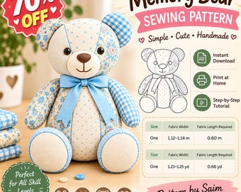 Wzór do szycia misia pamięci w formacie PDF, wzór misia pluszowego, wzór misia pamiątkowego, wzór misia patchworkowego, wzór do szycia pluszowego zwierzęcia