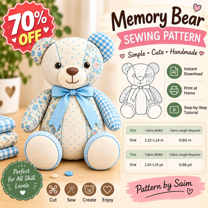 May include: A stuffed bear made of blue and white floral and gingham fabric with a light blue ribbon bow. The image includes text: Memory Bear SEWING PATTERN, 70% OFF, and a table showing fabric requirements in metres and yards for the project.